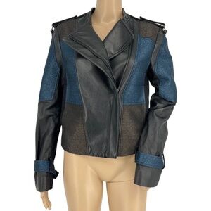BCBG Max Azria Patchwork Color Block Leather Moto Jacket Black Blue Womens XS